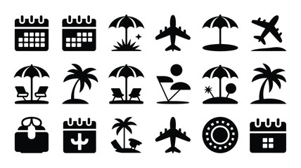 Summer holiday theme icons showing sun parasols jet planes palm trees and travel calendars. © Jayshri