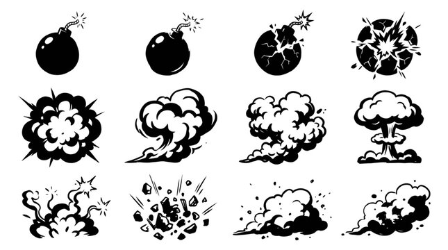 Various explosion and bomb illustrations are shown in different styles
