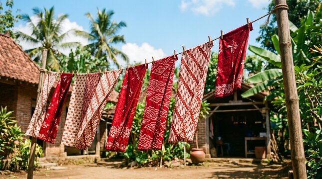 Vibrant red and white traditional batik textile fabric hanging to dry on clothesline