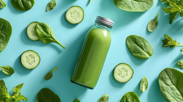 Top view glass bottle with green detox juice, cucumber and spinach on blue background. Healthy beverage, cleansing, nutrition. Flat lay
