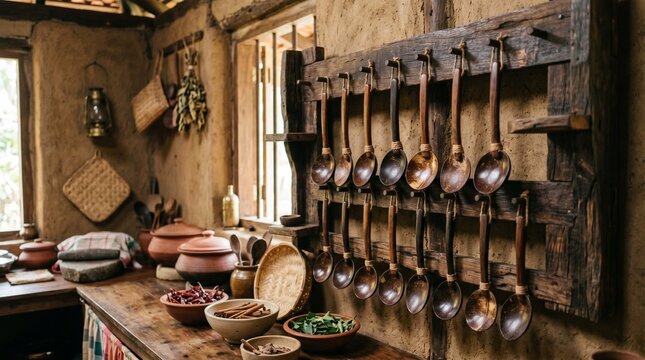 Collection of finished handmade coconut shell spoons pol katu handi on display rack