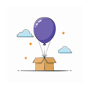 Gift box with purple balloon in flat design