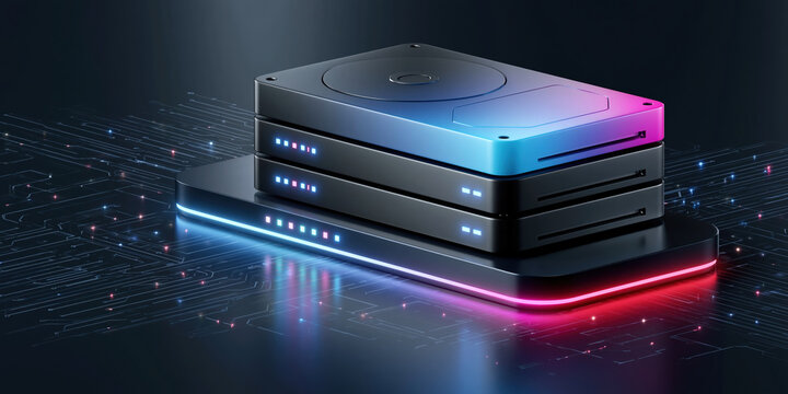 Cloud computing technology sleek server stack with glowing lights and circuit reflection dark