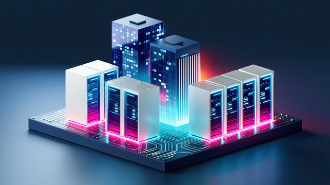 Cloud computing technology futuristic data center cityscape with glowing servers and circuit