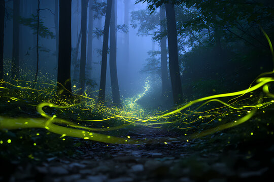 Magical forest at night with fireflies light trails