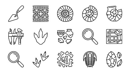 Archaeology Icons: Digging Tools, Fossils, Artifacts, Magnifying Glass, Map, Bones © Roti
