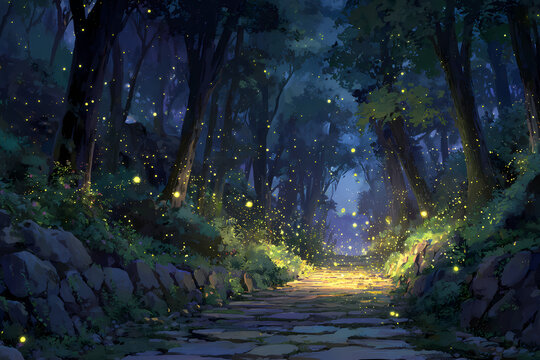 Stone path in dark forest illuminated by fireflies light