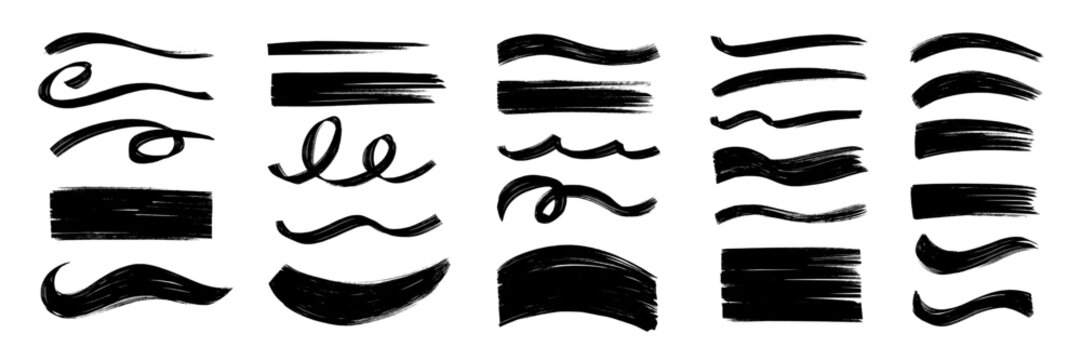Curve stroke paint brush set. Hand drawn curve stroke brushstroke arc line ink rough grunge background. Japanese chinese watercolor wave swirl banner frame abstract design. Vector illustration