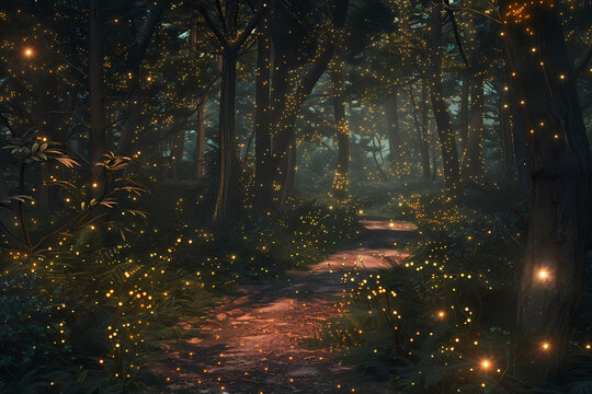 Enchanted forest path with glowing fireflies in the dark night