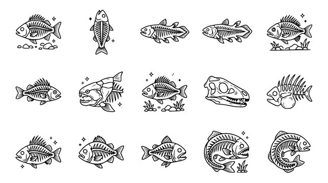 Fossilized Fish Skeletons and Dinosaur Skull Icons Set, Ancient Marine Life, Paleontology