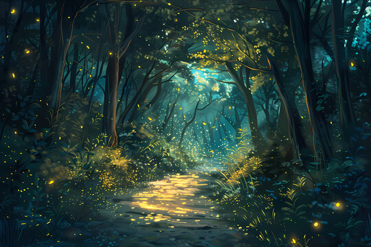 Fantasy forest landscape with glowing light particles and fireflies