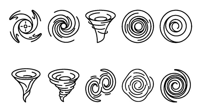 Set of black and white hand drawn spiral icons representing tornadoes hurricanes and swirling wind patterns.