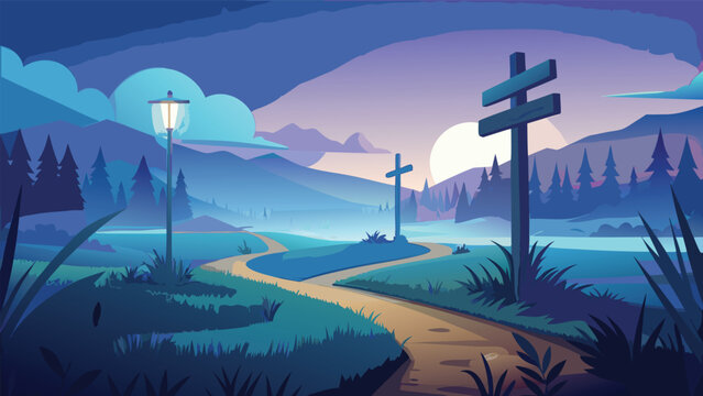 Rural landscape with wooden crosses at sunset under pastel sky landscape peaceful reflection tranquil pastoral environment countryside atmosphere illustration