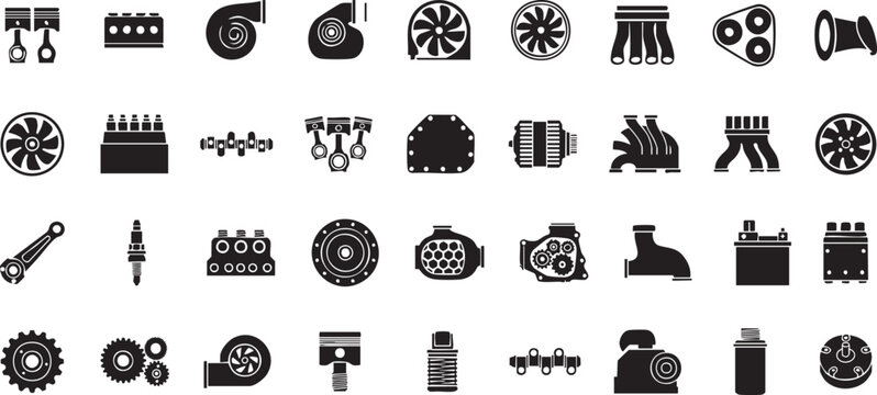 Mechanical engine parts and automotive components silhouette vector icons set, industrial hardware icons for vehicle repair and engineering