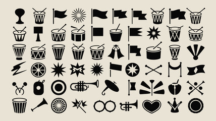 Comprehensive collection of marching band musical instruments flags and drum set vectors. © Jayshri