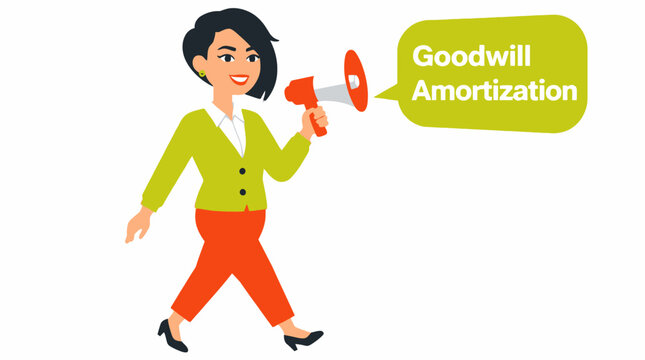 Woman holding megaphone with goodwill amortization text.