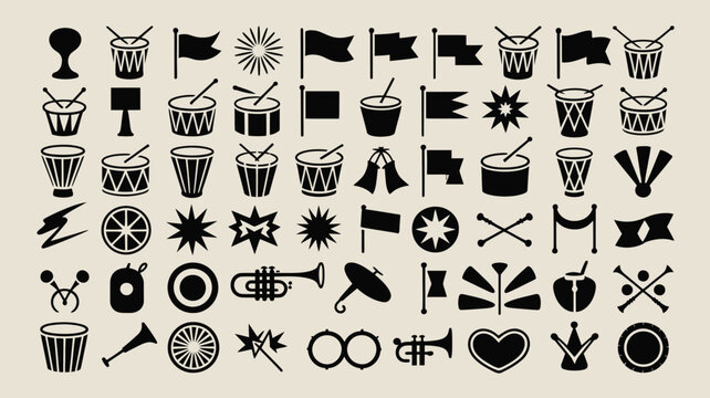Comprehensive collection of marching band musical instruments flags and drum set vectors.
