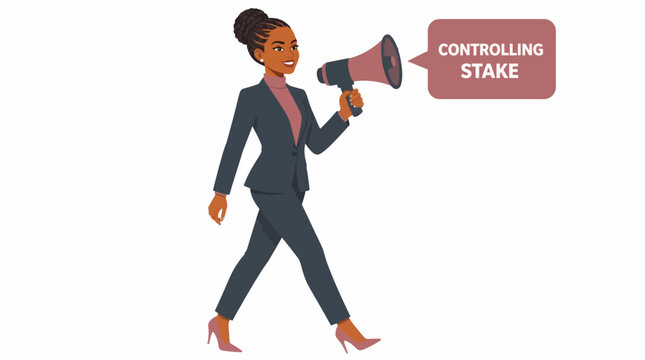 Businesswoman holding megaphone with controlling stake sign.