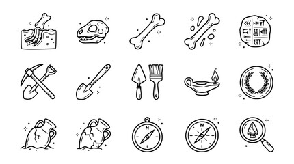 Archaeology Icons: Dinosaur Skull, Fossils, Tools, Compass, Ancient Artifacts © Roti