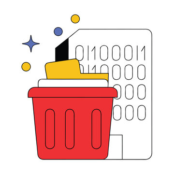 Digital data disposal icon showing red bin with computer code background element.