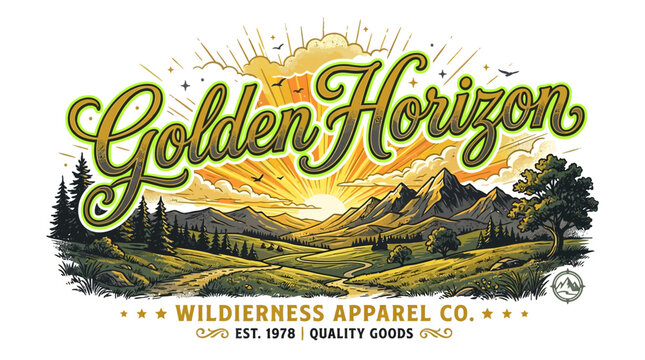 Golden Horizon wilderness apparel company mountain sunrise graphic design.