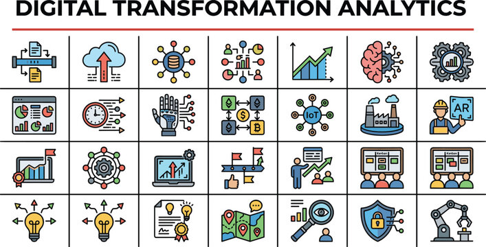 Digital transformation analytics vector icon set for business automation technology strategy cloud computing artificial intelligence and software workflow graphics