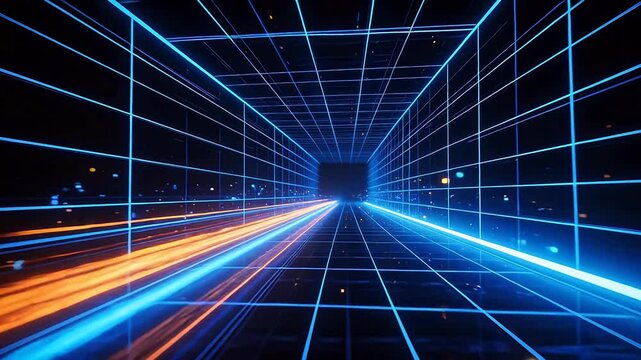 Futuristic neon grid tunnel