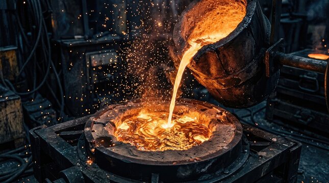 Molten metal pouring into a crucible in an industrial foundry with sparks flying everywhere around.