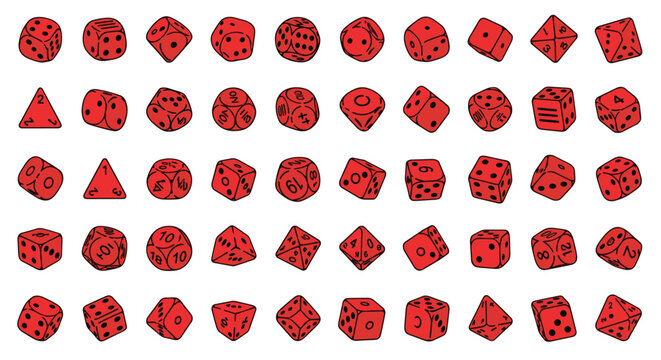 Large collection of red polyhedral gaming dice for roleplaying games displayed in a neat grid pattern on a white background.