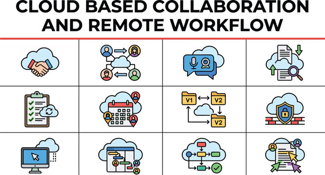 Cloud based collaboration and remote workflow icons set for business teamwork website interface software application or project management infographic