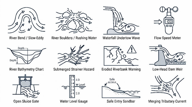 Hydrology and River Safety Icons Set Featuring Water Flow Dynamics and Measurement Tools.