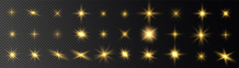 Set of golden light burst lens flare effects isolated on with collection abstract particle background radiance illumination brilliance luminous explosion spotlight © Md