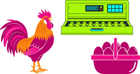 Poultry Farming Rooster Vector Set with Digital Egg Incubator Machine and Magenta Basket Filled with Fresh Eggs for Agriculture Design © Sufea