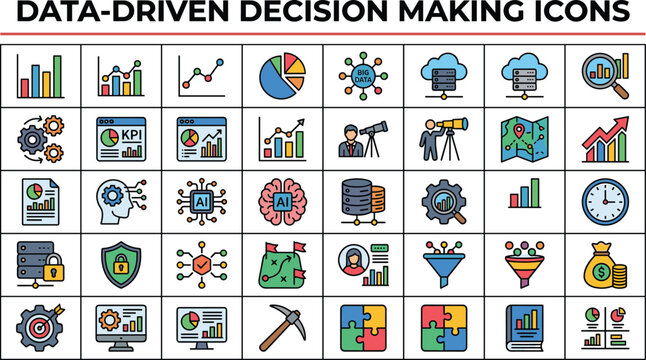 Data driven decision making vector icon set for business analytics intelligence strategy dashboard interface presentation and financial forecasting graphics