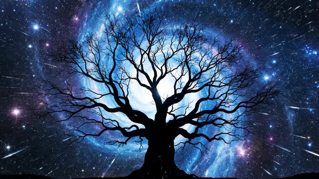 Silhouetted leafless tree centered against a luminous blue and white swirling spiral galaxy with glowing stars and meteoric streaks across a deep space celestial background.