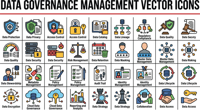  Data governance management vector icon set for information privacy regulation compliance security policy and database network administration graphics