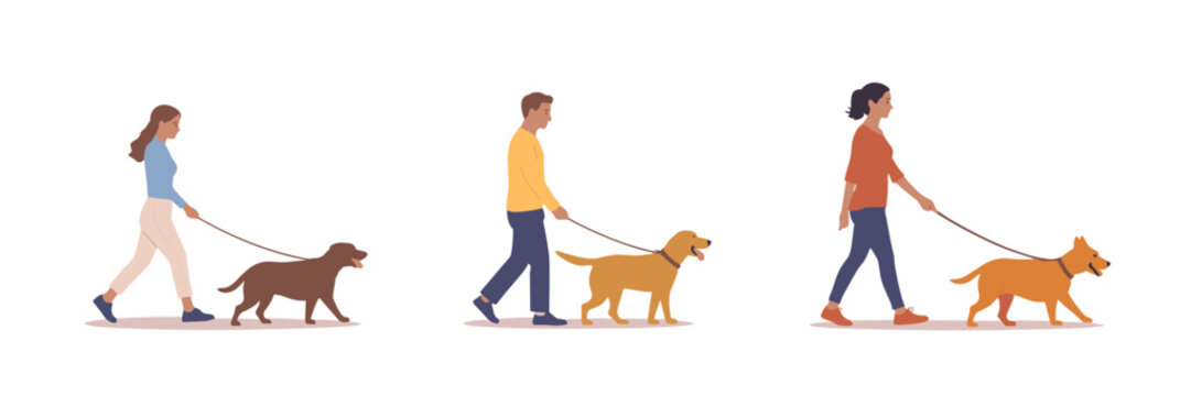 Three people walking dogs on leashes in flat style