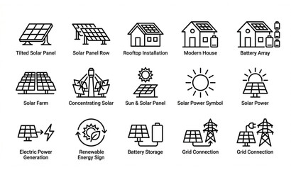 Minimal black and white solar panel icons pack with clean energy and photovoltaic symbols vector isolated on white background © MST. SUFIYA