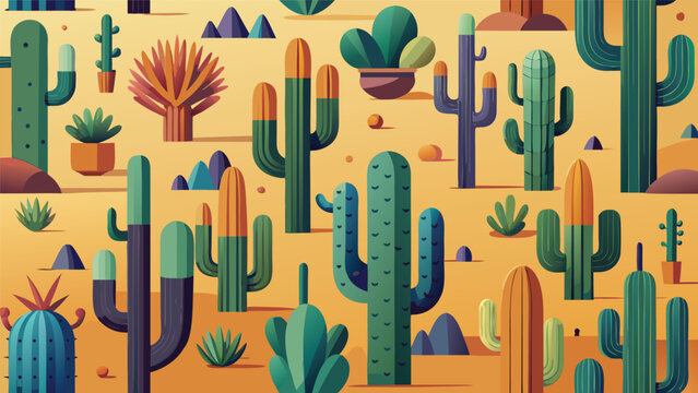 Seamless pattern of colorful stylized cacti in desert landscape with succulent seamless landscape botanical tropical illustration wallpaper southwest background backdrop decorative colorful