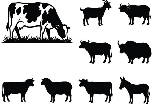 Farm livestock animals silhouette set featuring dairy cow grazing grass sheep goat buffalo and donkey icons
