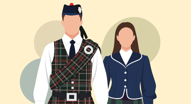 Man and woman dressed in traditional Scottish highland attire including tartan kilts and sashes against a simple background.