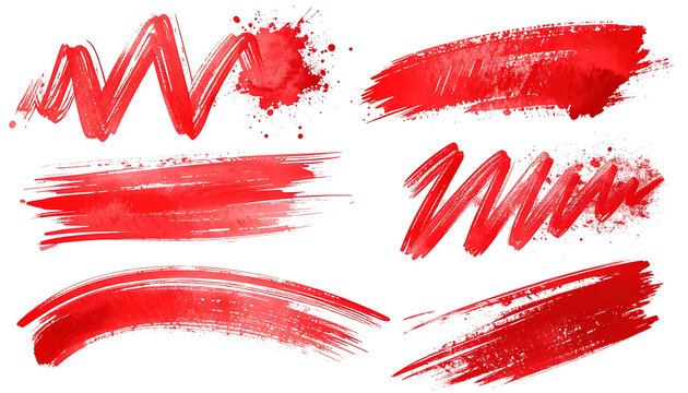 Set of vibrant red paint brush strokes, textured watercolor smears, dynamic ink splashes for expressive overlays and artistic backgrounds