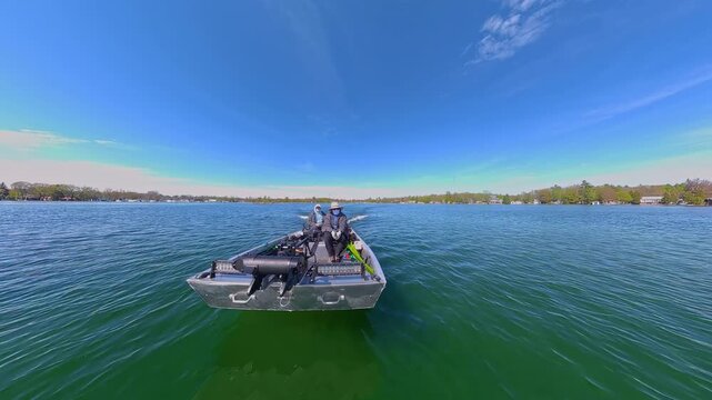 Lake Couchiching  Jon Boat speeding with trolling motor at the front and fishing accessories. Two anglers boating in Canadian lake. Front hull view of utility boat. Speed boat ride to fishing spot.