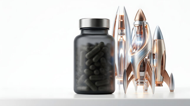 Biohacking Nootropics Supplement Bottle with Futuristic Rocket Ships for Performance Enhancement and Business Startup Growth Concept