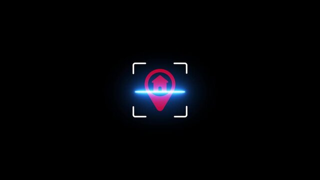 Home Location Scan Loop Animation with Property Finder Map Marker Symbol and Glowing Blue Laser Line, with Smart Home GPS Interface Vector Motion Graphic Footage.