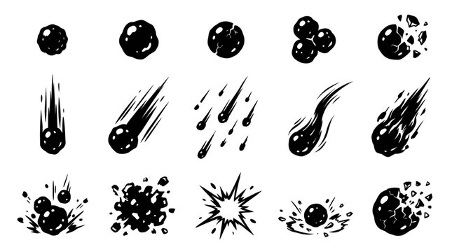 Various explosive fireball effects falling and impacting on surface