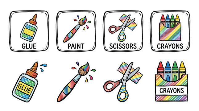 A vibrant collection of colorful hand-drawn art and craft supplies.