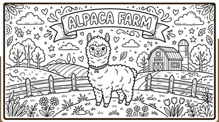 Charming alpaca on a farm amid a playful doodle landscape with a barn and fence. © pixmastock