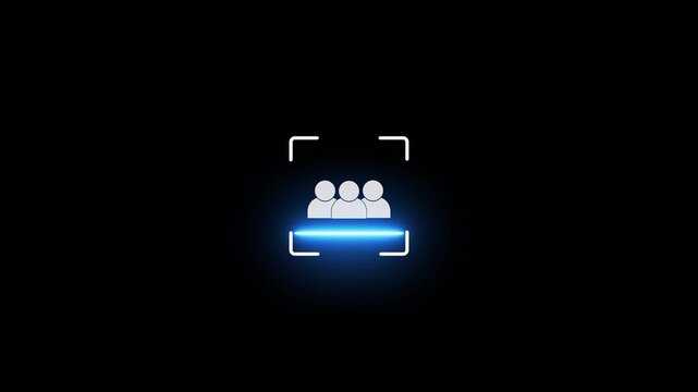 Multiple Users Scan Loop Animation with Group Face ID Facial Recognition Scanner Symbol and Glowing Blue Laser Line, with Cyber Security Website Interface Vector Motion Graphic Footage.