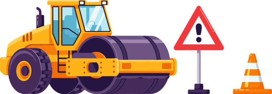Road Construction Site Vector Set with Heavy Duty Yellow Steam Roller Compactor Machine Red Warning Alert Sign Post and Traffic Cone Element